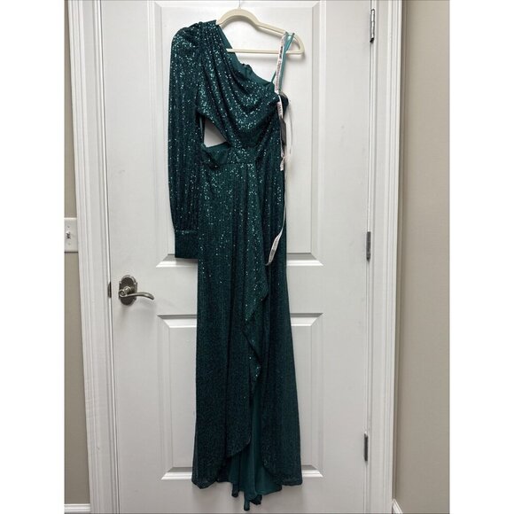 Mac Duggal Size 6 Green 26730 Sequined One Shoulder Cut Out Formal Gown Dress - Picture 4 of 13
